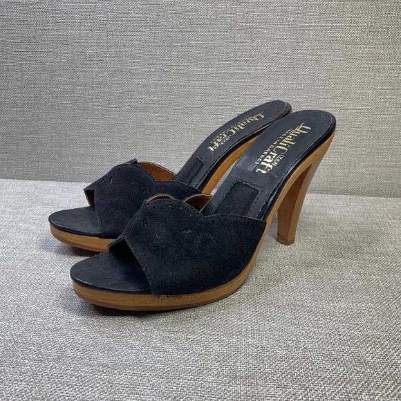 VINTAGE Quali-Temps Barbie Mules Wooden Heel shoes Size 6 Black Open Toe 70s - Picture 1 of 7